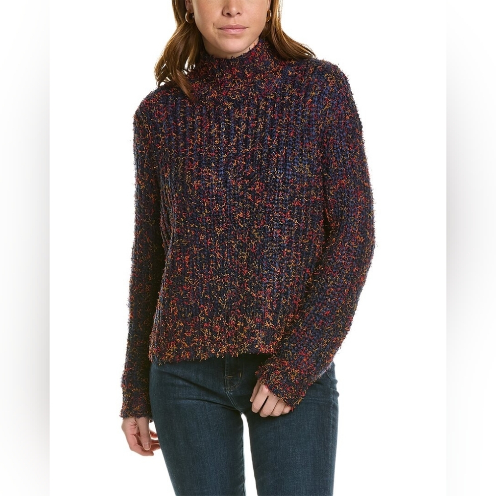 525 America Mock Neck Sweater In Dark Blue Multicolor With Fringe Design